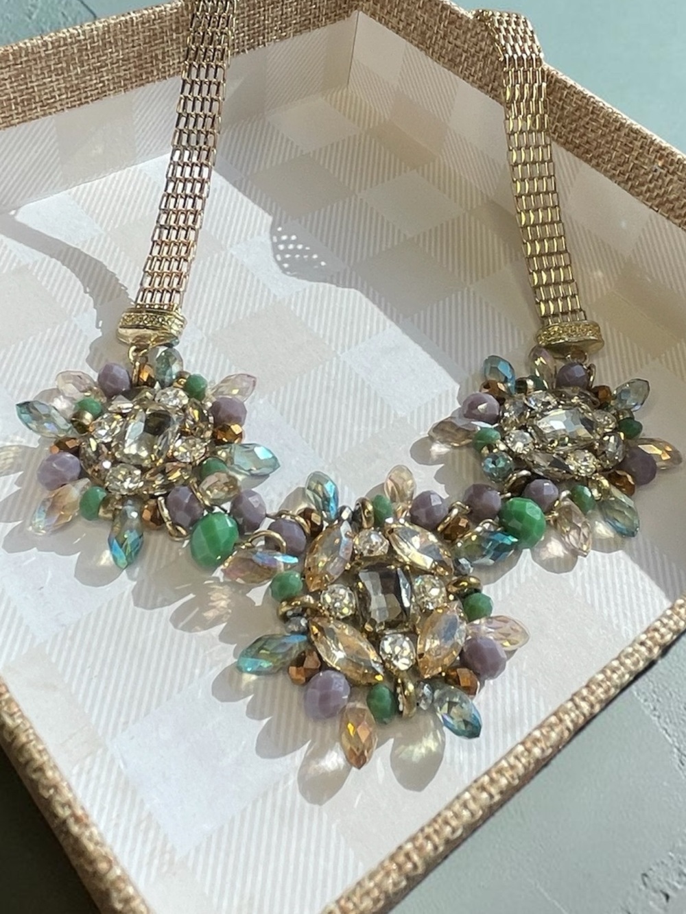 Aurora Borealis Crystal Starburst Gold Tone Trellis Statement Necklace
